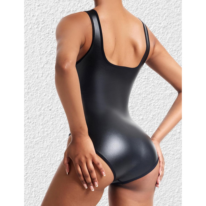 Боді з короткими рукавами FEOYA з PU шкіри, облягаючий, для клубів, вечірок, йоги та повсякденного носіння (M)