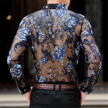 Прозора сорочка для чоловіків Yeuyyben з мереживом та квітковим принтом, блакитна, EU M (72-77 кг)