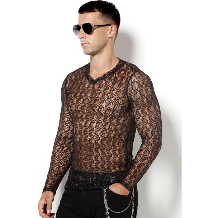 Муслін футболка Casey Kevin Herren Transparent, прозора сітка з довгим рукавом, сріблясті акценти, вертикальна смужка, V-подібний виріз, A2-чорний L