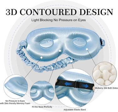 Маска для сну ZIMASILK з натурального шовку малбери 22 мом, 3D анатомічна з нульовим тиском для довгих вій та нарощених вій, небесно-блакитна