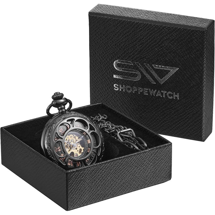 Чоловічий кишеньковий годинник ShoppeWatch з ланцюжком, механічний з ручним заводом, вінтажний стиль стімпанк (чорний)