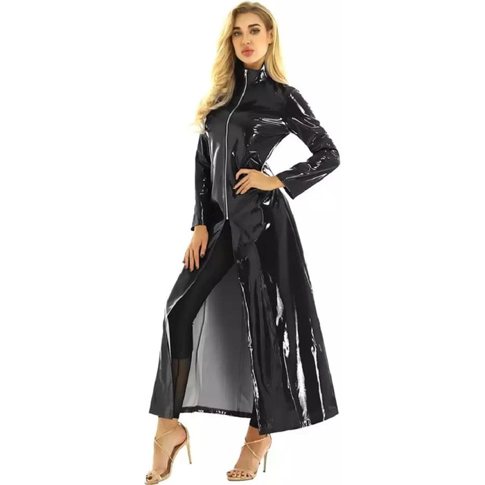 Жіночий тренч з ПВХ шкіри, довгий лаковий плащ, 5XL, чорний