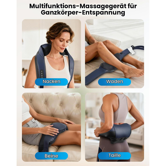 Масажер для шиї та плечей COMFIER 2026 з 4D Shiatsu, бездротовий глибокий масажер з графенним підігрівом для спини, темно-синій