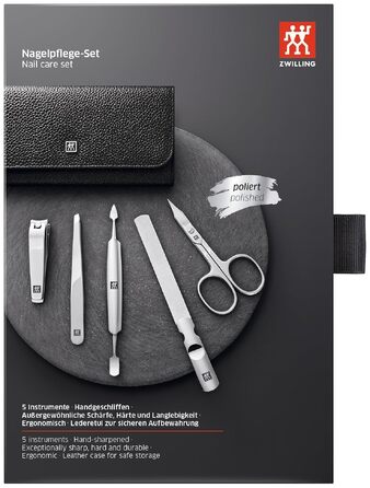 Набір для манікюру та педикюру ZWILLING (5 предметів), дорожній набір із кніпсером для нігтів у шкіряному чохлі, полірована нержавіюча сталь, чорний