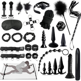 Набір для БДСМ: 26 предметів - наручники, аналплаг, кільце для пеніса, чік, прищіпки для сосків, маска для очей, плеть, заглушка. Ідеальний набір для сексуальних ігор та зв'язування.