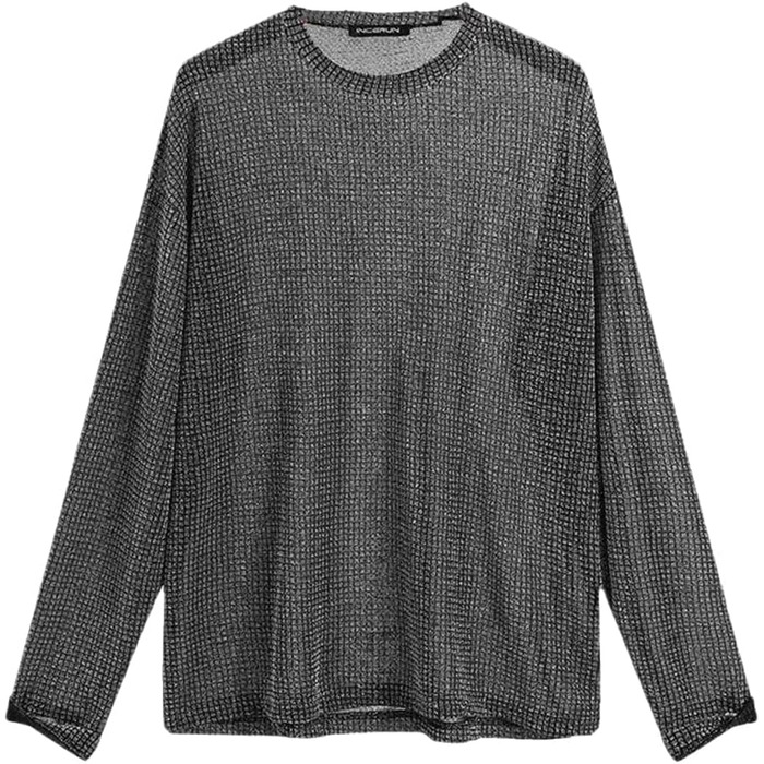 Чоловіча сітчаста футболка з довгим рукавом, прозора, сексуальний стиль, streetwear, для вечірок та клубів, срібна, 3XL