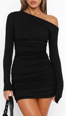 Жіноче облягаюче плаття Elfin з трикотажної тканини, довгі рукави, міні, на одне плече, з драпіруванням, чорне. Ідеально для вечірок, клубів та повсякденного носіння.