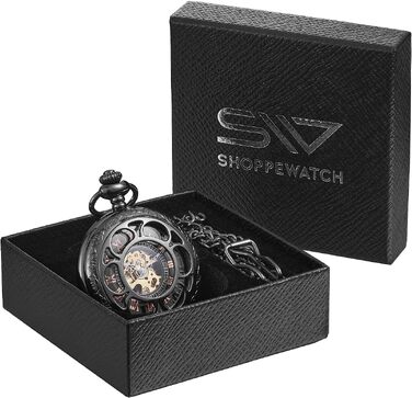 Чоловічий кишеньковий годинник ShoppeWatch з ланцюжком, механічний з ручним заводом, вінтажний стиль стімпанк (чорний)