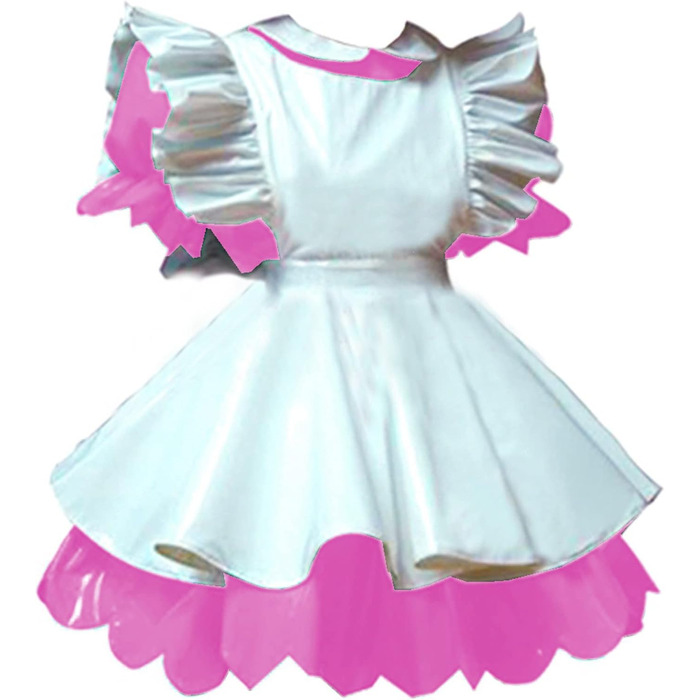 Костюм для жінок з латексу PVC, ефект мокрого блиску, короткі рукава-ліхтарик, міні-сукня, костюм служниці, фартух, рожевий, 3XL