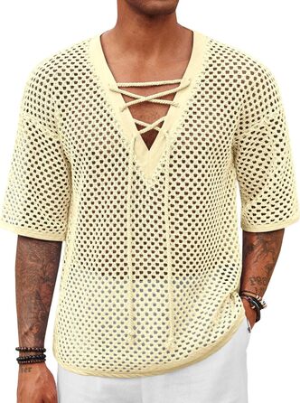 Чоловіча пляжна сорочка Runcati з шнурівкою, V-подібний виріз, в'язана, мереживна, прозора, літня (Бежевий, M)