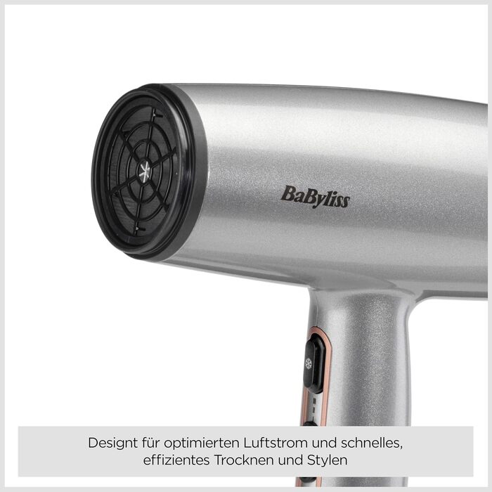 Фен для волосся BaByliss Cosmos D580DE з дифузором, 2100 Вт, іонізація, 3 температурних та 2 режими обдуву, сріблястий (Satined Cosmic Grey)