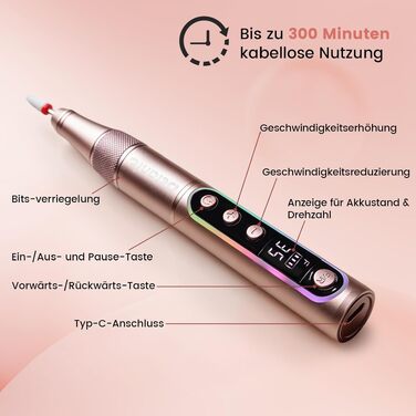 Акумуляторний апарат для манікюру та педикюру Delanie 35000 об/хв, портативний електричний фрезер 12 в 1 для нарощених нігтів (гель, акрил), з дисплеєм та функцією паузи