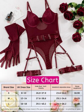 EVELIFE Комплект сексуальної білизни для жінок: мереживний боді, стринги та мереживні рукавички (бордовий, 36)