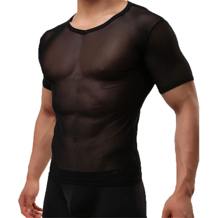 Чоловіча сексуальна прозора футболка з коротким рукавом, модна прозора білизна, футболка з сітки, прозора сорочка, нижня білизна, піжама, чорна, розмір M