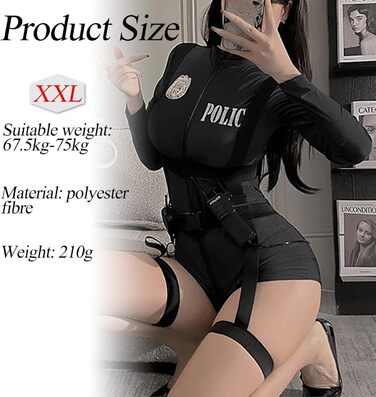 Костюм поліцейського 3-в-1 BDSMJOY для жінок, сексуальний косплей поліцейської, аксесуари: наручники, капелюх, чорний, XXL
