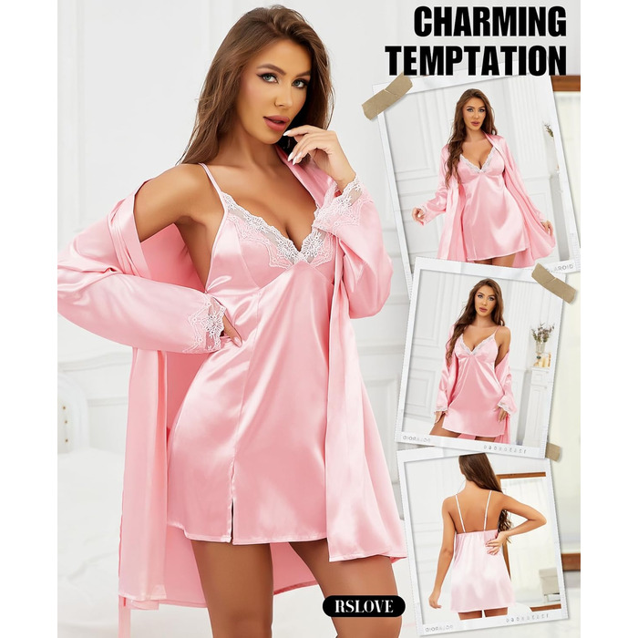 RSLOVE Комплект ніжної сукні та трусиків з мереживом, комплект спідньої білизни (XXL, Рожевий)