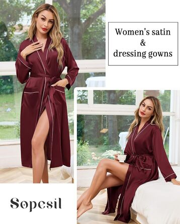 Жіночий атласний халат довгий, баня халат, кімоно, легкий, весільний, м'який, для вечірки, нічна сорочка, V-подібний виріз, S-X (XL, пурпурно-червоний)