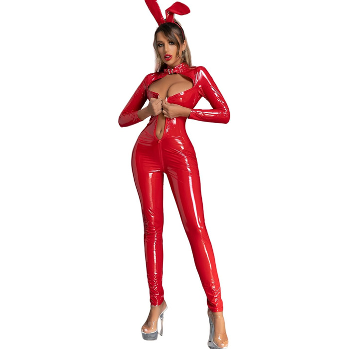 Комбінезон FEOYA з ефектом вологого блиску для жінок, латексний catsuit, боді з довгим рукавом, для сцени, вечірок, клубу, червоний (XL)