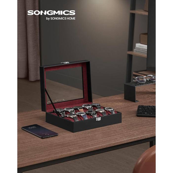 Бокс для годинників SONGMICS на 10 слотів зі скляною кришкою, PU-шкіра, оксамитове покриття та знімними подушками, чорний/винний JWB010BK