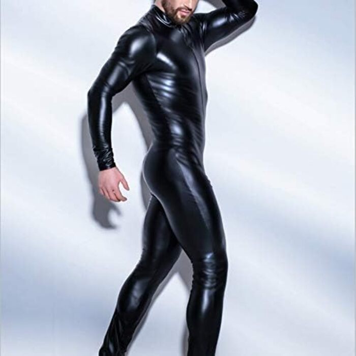 Чорний латексний комбінезон-костюм для чоловіків CoolTing S-5XL з блискавкою та відкритим кроком. Сексуальна спідниця, боді, клубний одяг, спідниця, еротичний костюм, спандекс.