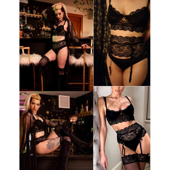 ЕVELIFE Комплект нижньої білизни для жінок: бюстгальтер та труси (3 шт.) - мереживний комплект, висока талія, стрінги, чорний, розмір 46