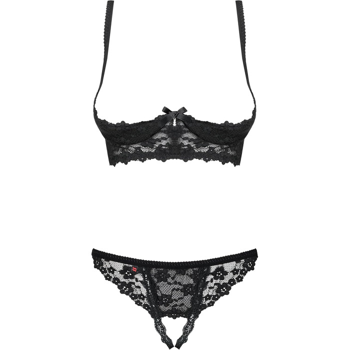 Сексуальний комплект спідньої білизни Obsessive: мереживний бюстгальтер без бретелів та стринги, чорний, S-M