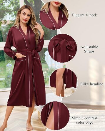 Жіночий атласний халат довгий, баня халат, кімоно, легкий, весільний, м'який, для вечірки, нічна сорочка, V-подібний виріз, S-X (XL, пурпурно-червоний)