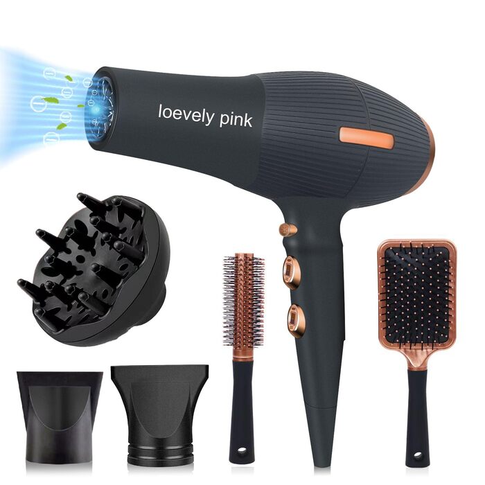 Професійний іонний фен для волосся Loevely Pink 2400W з дифузором, AC-мотором, 3 режимами температури та 2 рівнями швидкості