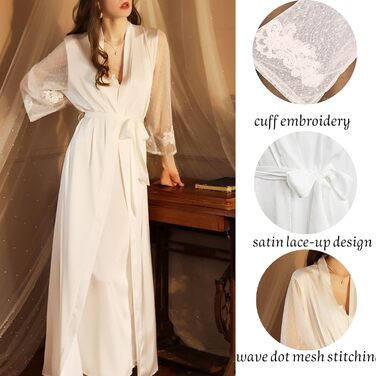 Шовковий халат-кімоно Lang Satin Sexy для жінок: елегантний халат з мереживом та паєтками для вечірки, весілля, нареченої або дружки. Довгі рукави, Patchwork, ніжні кольори.