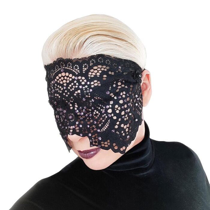 Ручна вишита мереживна маска на обличчя з камінням для жінок, чорна маска для маскараду, балу, карнавалу, весілля, бурлеску, косплею, Марді Гра (чорний колір з фіолетовим камінням)