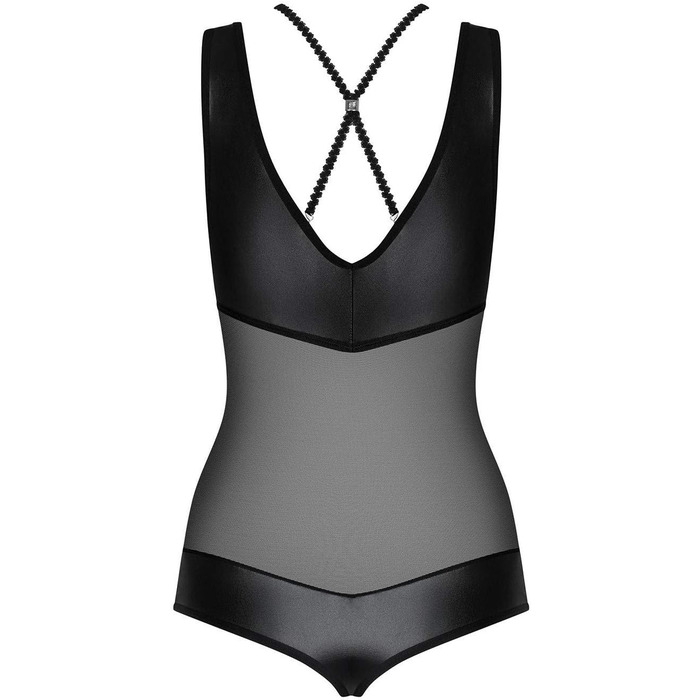 Тілесна обтисла тедді з прозорою сіткою Obsessive XL чорного кольору