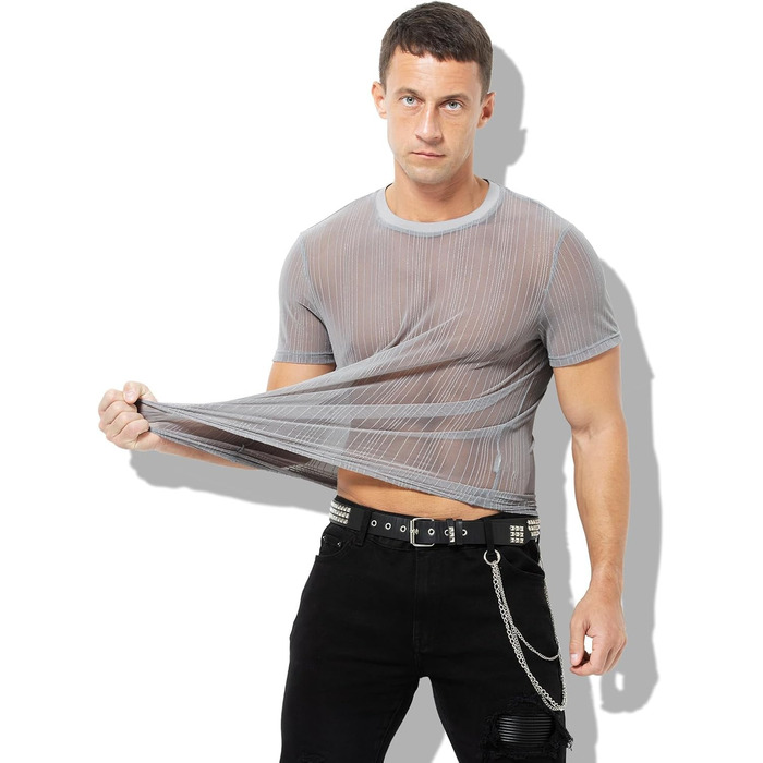 Прозора футболка Casey Herren з блискітками, короткий рукав, круглий витон, клубний стиль, сірий (M, D3-grau)