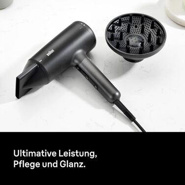 Фен для волосся Braun Haartrockner HD4.2 з дифузором та насадкою для стайлінгу, технологія Super IONTEC, 2100 Вт, 3 температури та 3 швидкості, чорно-сірий, BRHD425E