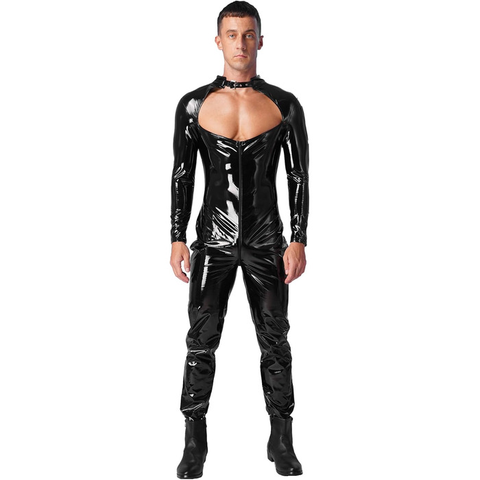 Костюм-комбінезон TiaoBug з довгим рукавом та штанами, еластичний, з ефектом мокрого блиску, з сіткою, XL, чорний