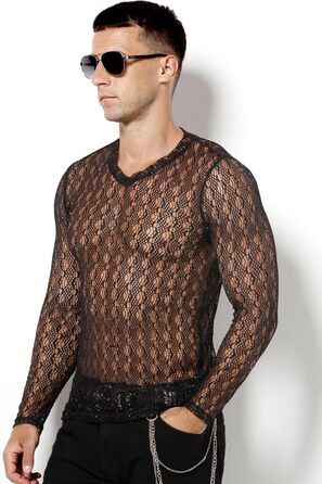 Муслін футболка Casey Kevin Herren Transparent, прозора сітка з довгим рукавом, сріблясті акценти, вертикальна смужка, V-подібний виріз, A2-чорний L