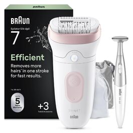 Епілятор Braun Silk-épil 7-011 для жінок, сріблястий: для вологого та сухого використання, водонепроникний, з бритвою, тримером для бікіні та чохлом