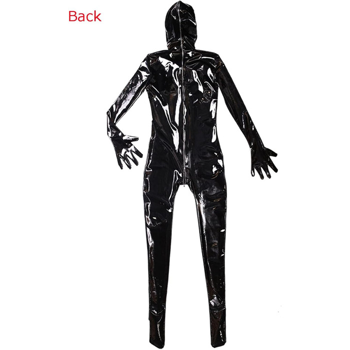 Комбінезон чоловічий блискучий PVC шкіра, костюм кота, повний боді з блискавкою, catsuit з рукавичками, чорний, XL