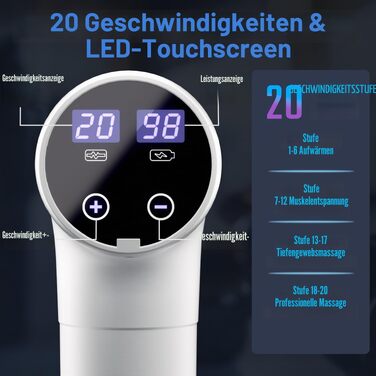 Перкусійний масажер Massage Gun з LED-екраном, електричний масажний пістолет для м'язів (20 швидкостей, 9 насадок, білий)