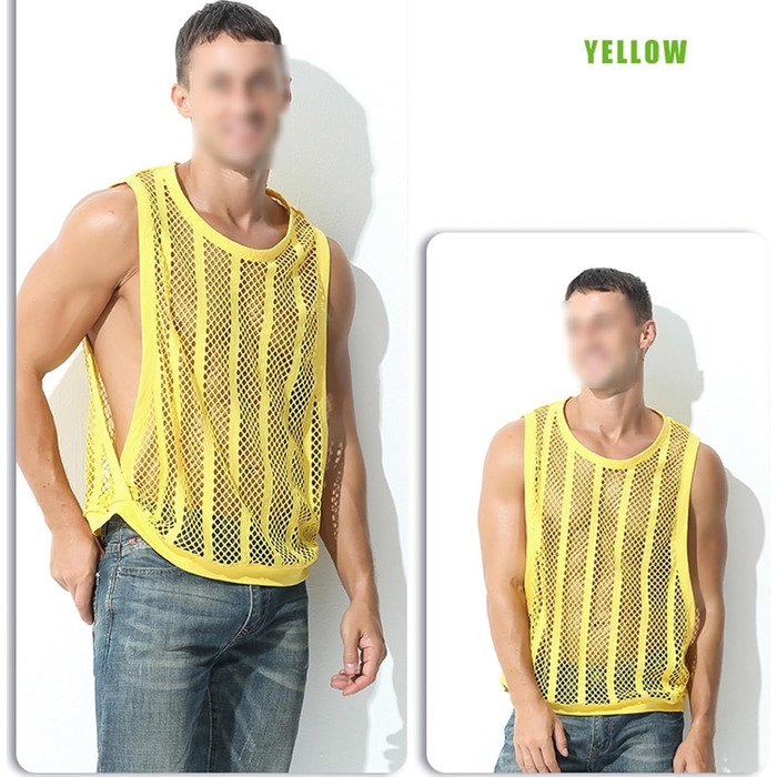 Чоловіча сітчаста майка з смугами, прозора, без рукавів, з вирізами, сітка, зелена (M, жовта)