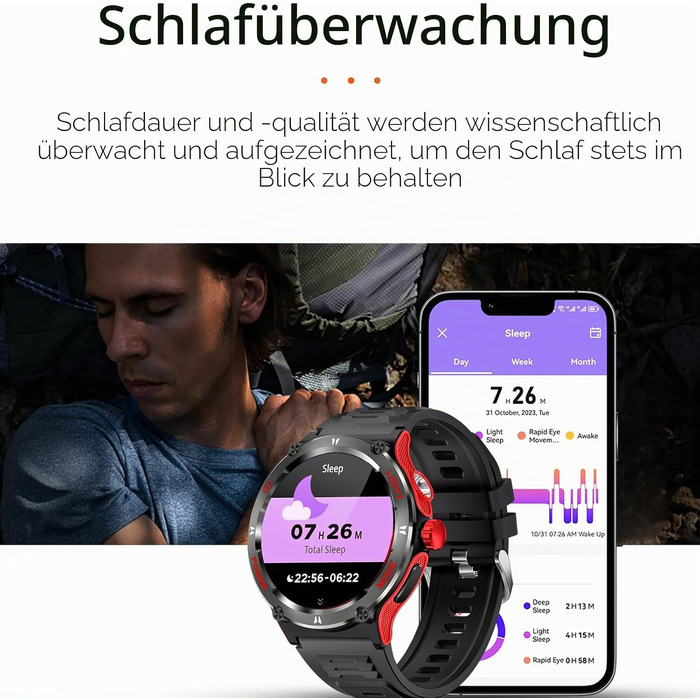 Смарт-годинник findtime Military Edition: водонепроникний тактичний годинник з компасом, LED-ліхтариком та функцією дзвінків, моніторинг пульсу 24г, для Android та iOS (Червоний)