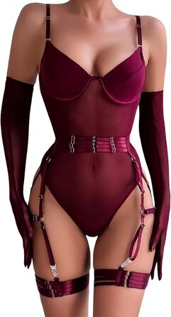 EVELIFE Комплект сексуальної білизни для жінок: мереживний боді, стринги та мереживні рукавички (бордовий, 36)