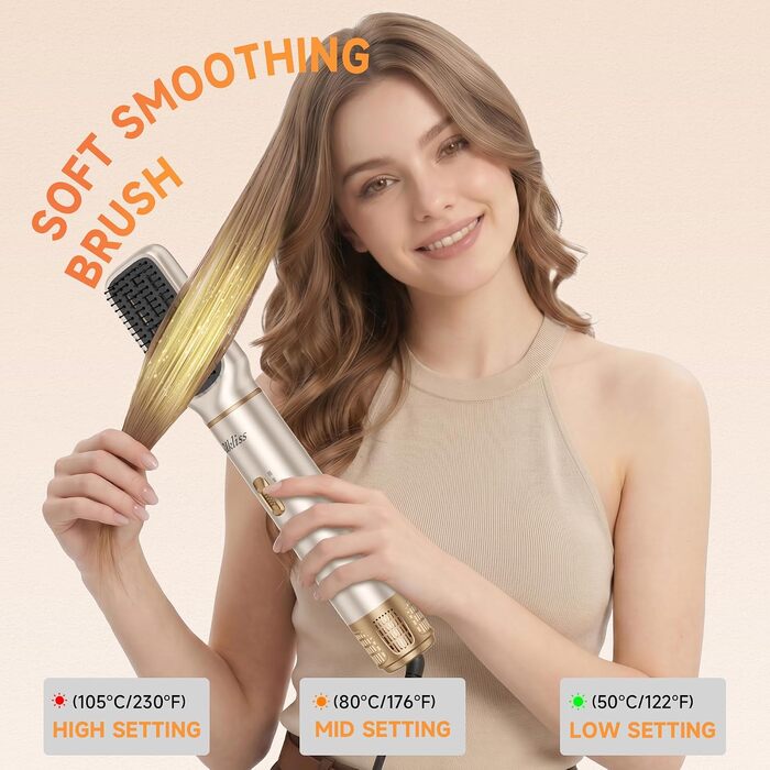 Мультистайлер для волосся 6 в 1 UKLISS Air Styler Set: фен-щітка, вирівнювач, локони та дифузор, 1000 Вт, LCD-дисплей, сріблясто-золотий