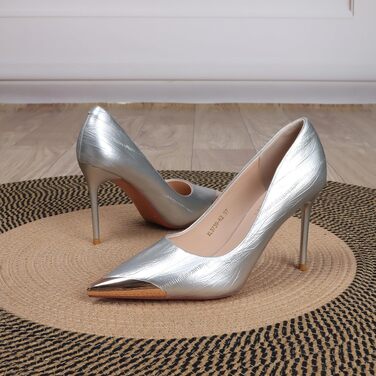 Жіночі туфлі-човники на підборах Stiletto з металевим носком, сріблясті, PU шкіра, для вечірок та офісу, розмір 36 EU