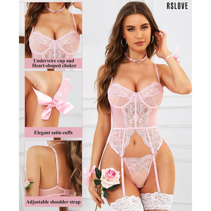 RSLOVE Комплект сексуальної білизни для жінок - мереживний комплект з 4 частин, бюстгальтер з кісточками та стрінги, рожевий