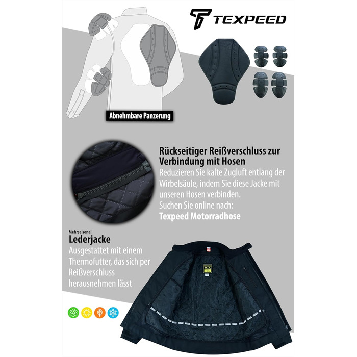 Чоловіча шкіряна мотокуртка Texpeed Cafe Racer з захисними вставками, чорна, розмір XL