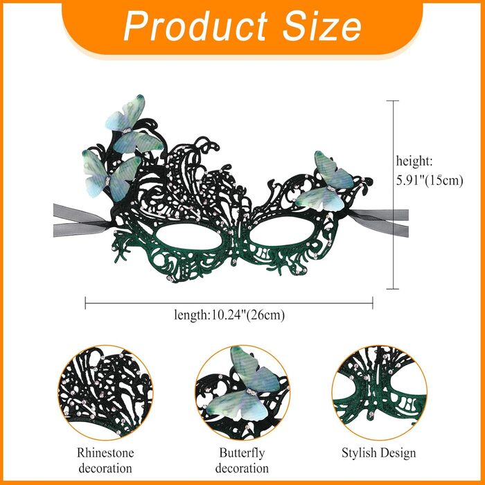 Набір з 3 шт. Венеціанська маска з мереживом та метеликами, оздоблена стразами. Ідеально для карнавалу, Хелловіну, вечірки, маскараду. Стиль 1920-х, вінтаж, для жінок.