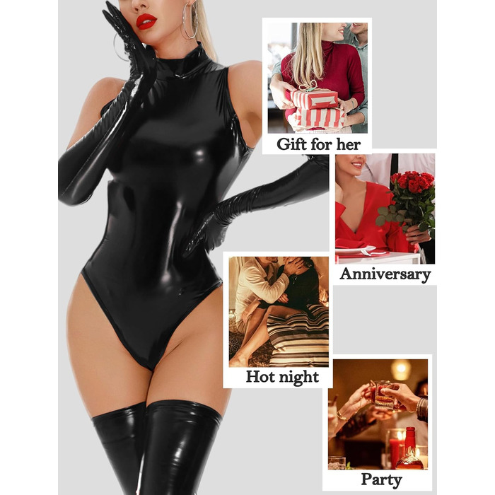 Боді FEOYA для жінок: сексуальний боді з ефектом мокрого блиску, шкіра, без рукавів, для нічного клубу, вечірки, чорний, розмір L