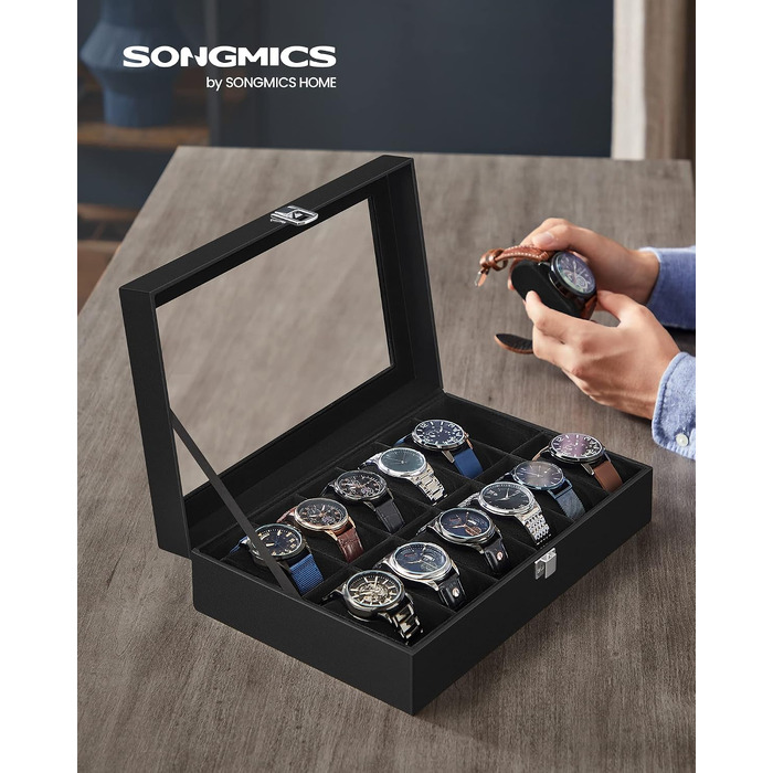 Бокс для годинників SONGMICS на 12 слотів зі скляною кришкою, органайзер для годинників з вийманими подушками, чорна шкіряна шкатулка (PU-шкіра) з оксамитовою підкладкою, JWB12B