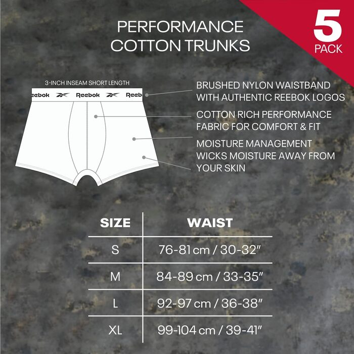 Боксери чоловічі Reebok (5 штук) L чорний/білий/сірий/темно-синій/вугільний марль
