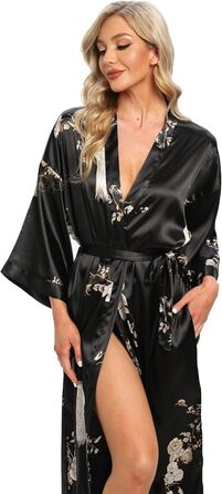 Жіночий халат з довгим рукавом з шовку, сатин, кімоно, квітковий принт, чорний, універсальний розмір